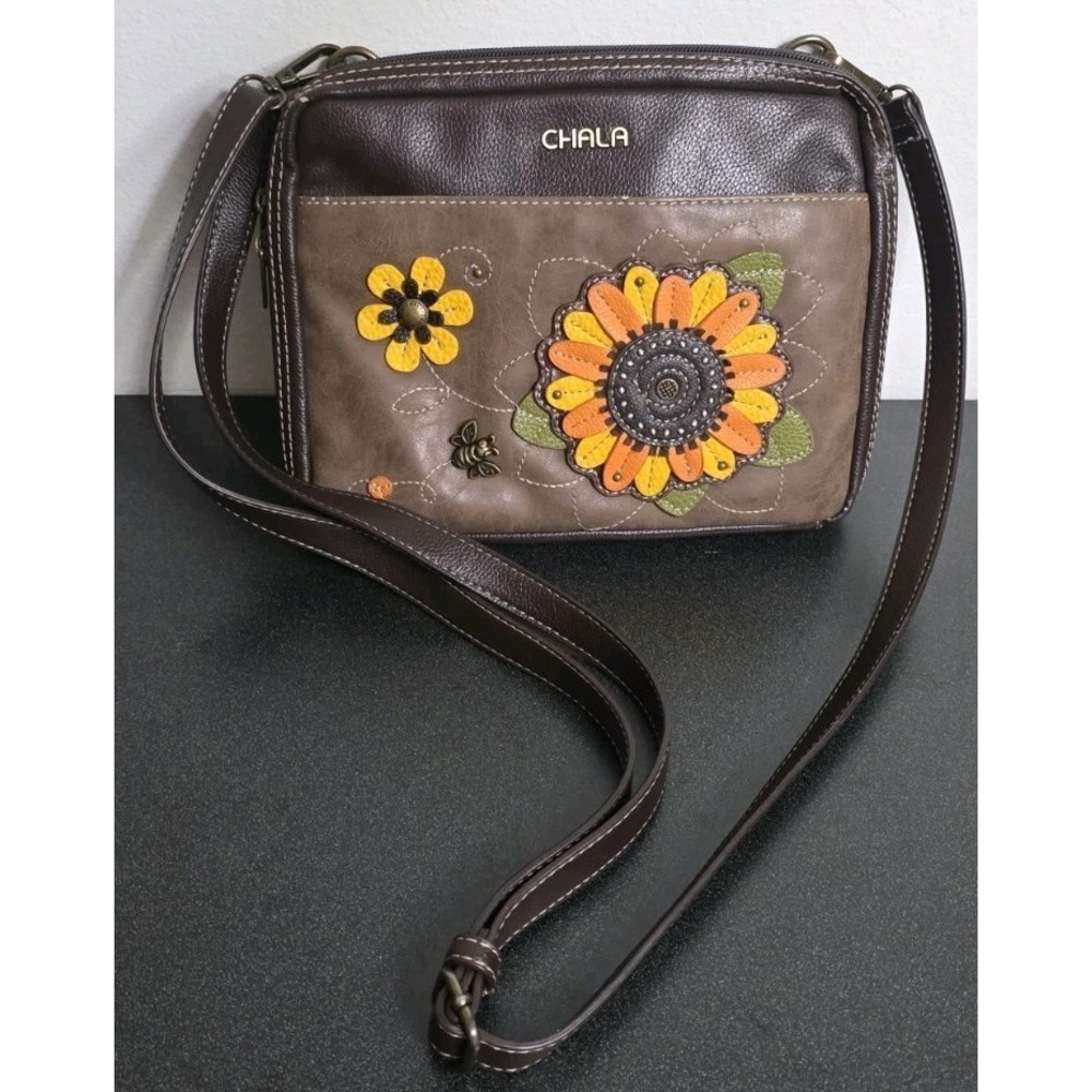 CHALA SUNFLOWER COMPANION ORGANIZER CROSSBODY BAG BROWN Embroidered Boho Hippie
